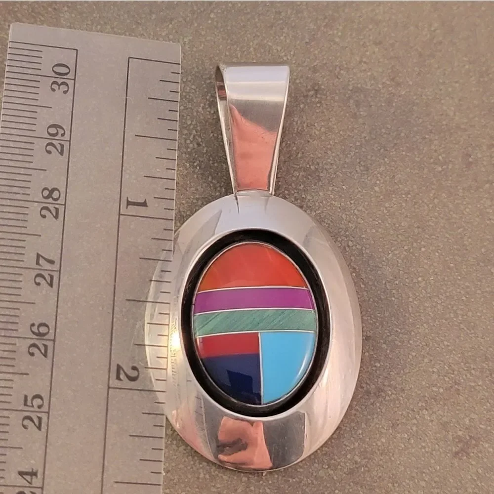 Navajo Willie Saiz Inlaid Multi-Stone Sterling Large Oval Pendant